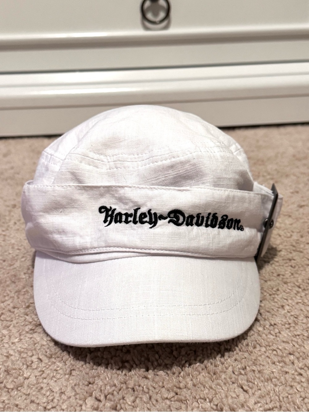 VTG Harley-Davidson Women’s White Linen Blend Cadet Cap With Buckle